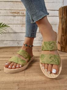Sandálias Femininas Casuais Plus Size de Sola Grossa com Impressão Verde Boêmia Clássica, Chinelos Confortáveis para Casa/Exterior, Versátil