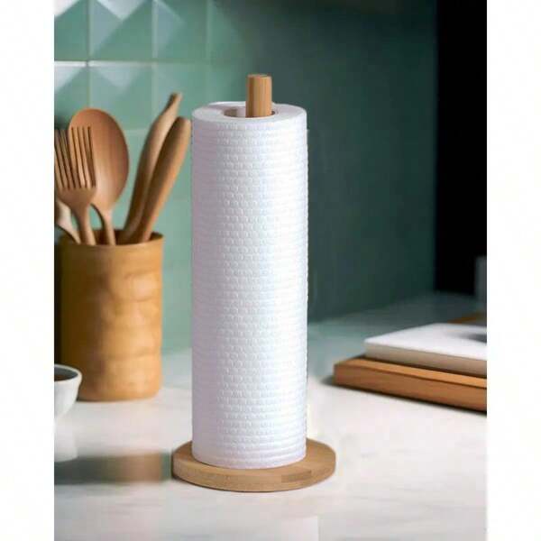 Simple Paper Towel Holder Set Of 1 - Kitchen And Bathroom Freestanding Wooden Dispenser, Round Countertop Bracket, 28cm Tall Pole With 11cm Diameter Base, Self-Adhesive Mounting