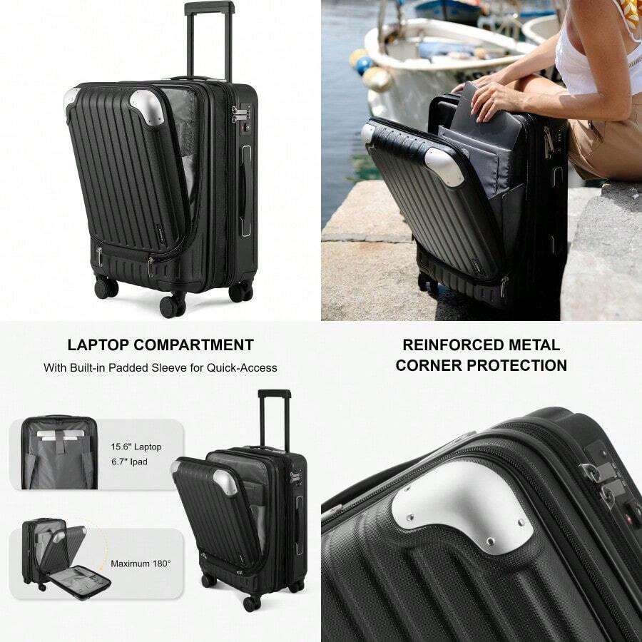 Carry On Suitcase 55CM Hand Lage Expandable With Laptop Compartment ABS+PC Hahell Spinner Trolley Cabin Size With 4 Wheels TSA Black