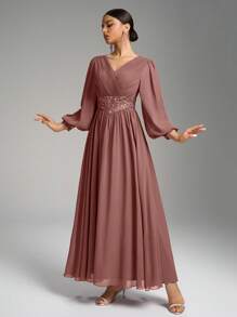 SUPGIR Vestido largo de gasa con cuello en V, cintura plisada, adorno de perlas y mangas farol