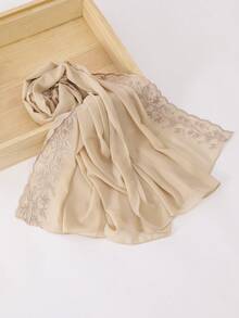 1 pieza Bufanda de mujer de unicolor con bordado de hojas de encaje y perlas falsas de gasa, elegante chal de moda malasia e indonesia para vestido - multicolor - Ver 13