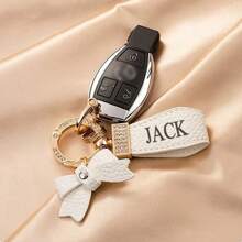 1pc Customized Colorful Text Fashion PU Leather & Metal Car Key Chain, Retro Style Keyring With Butterfly Decor To Prevent Key Losing, For Women