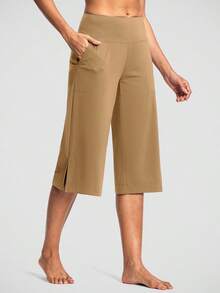 Women's Wide Leg Yoga Capris High Waist Loose Fit Dress Pants With Pockets Casual Lounge Capri Pants For Women - 深卡其色 - 查看 2