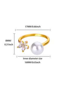 Nhẫn nữ bằng thép không gỉ đính đá Cubic hình hoa, đá Zirconia mạ vàng 18K và ngọc trai giả, chống phai màu, kiểu dáng hở, trang sức cưới thanh lịch, phụ kiện nghỉ dưỡng biển, quà tặng cho con gái/mẹ/bạn thân. - Ngọc trai và Zirconia - Xem 18