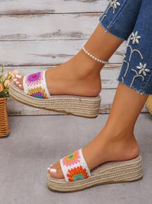 1 pereche de sandale cu platformă și baretă țesută cu flori, stil boem, sandale de vară impermeabile cu talpă groasă, pentru fete, bej