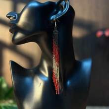 AHAYA 2 件彩色渐变串珠长流苏耳环，手工波西米亚风格玻璃珠耳环，女士珠宝，圣诞节/节日礼物 - 紅色 - 查看 4