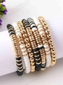 Pulseiras de sete peças de contas de argila para mulheres, estilo boêmio, empilhável, com disco de vinil, contas elásticas, camadas elásticas, pulseiras da amizade, joias boho