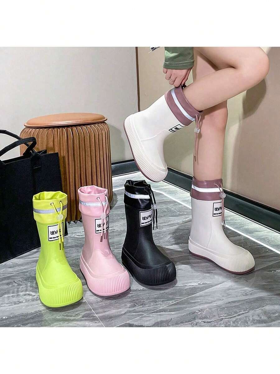 Women's Waterproof Drawstring Rain Boots, Fashion Mid-Calf Rain Shoes, Lightweight Non-Slip Thick Sole Rubber Boots, Suitable For All Seasons, Essential For Rainy Season, Exclusive For Women