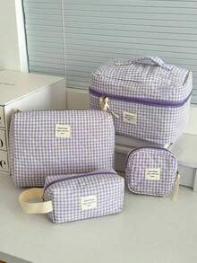 Nécessaire grande acolchoada xadrez roxa (1 unidade), bolsa de maquiagem portátil e moderna, nécessaire de viagem feminina, bolsa multifuncional para guardar batom, absorvente higiênico, moedas, chaves, presilhas de cabelo, elásticos de cabelo, nécessaire charmosa, organizador de viagem para maquiagem, presente para o Dia das Mães, presente de volta às aulas, presente de Ano Novo - Roxa - Ver 2