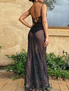 女士优雅波尔卡圆点雪纺透明性感沙滩夏装（随机印花）