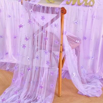 1pc Purple Pearl Petal Decor Wedding Tablecloth, Suitable For Reception, Bridal Shower, Birthday, Christmas, Thanksgiving, Valentine's Day, Ideal For Bride's Dessert Display, Pearl Tulle Overlay
