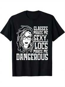 Bold Graphic Print Black T-Shirt For Men & Women - "Glasses Make Me Sexy, Locs Make Me Dangerous" Slogan, Regular Fit Short Sleeve Round Neck Casual Summer Tee, S-XXXL Sizes, Machine Washable Gift For Mom Dad Friends, Daring Design |   Heat Transfer Graphic - 黑色 - 查看 1