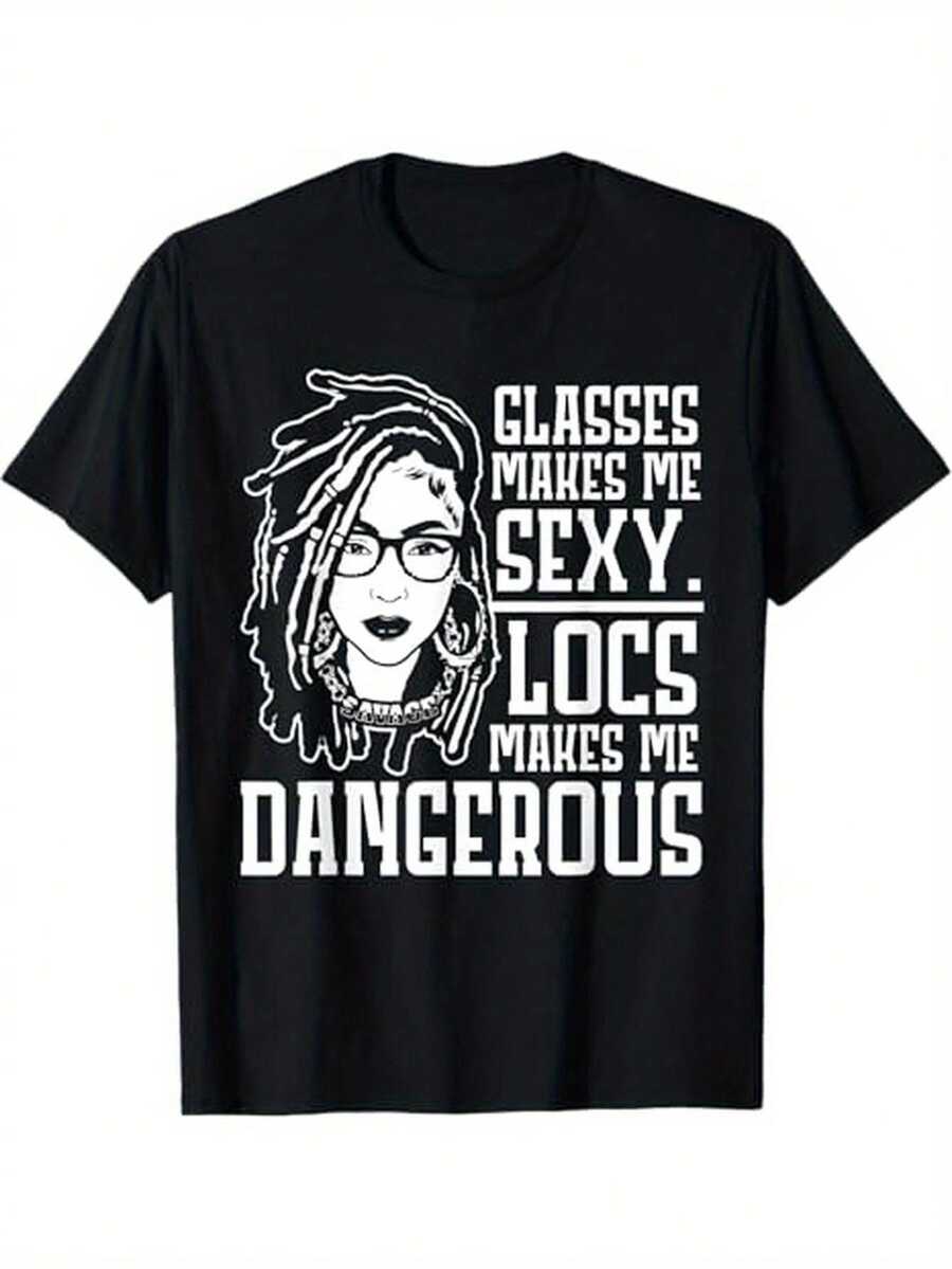 Bold Graphic Print Black T-Shirt For Men & Women - "Glasses Make Me Sexy, Locs Make Me Dangerous" Slogan, Regular Fit Short Sleeve Round Neck Casual Summer Tee, S-XXXL Sizes, Machine Washable Gift For Mom Dad Friends, Daring Design | Heat Transfer Graphic - 黑色 - 查看 1