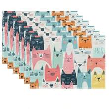 1/4/6 Kolorowe lniane podkładki stołowe z wzorem kota, 30 * 45 cm, wodoodporne, prostokątne podkładki z poliestru, stosowane w gospodarstwach domowych, dekoracjach restauracji, do spożywania posiłków wewnątrz i na zewnątrz, nadające się do prania w pralce, mogą być używane jako prezenty. - Wielokolorowe - Zobacz 10