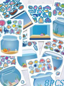 8片梦幻鱼缸拼图贴纸，适用于笔记本电脑、手册、滑板、收纳架、盒子、手机壳等。