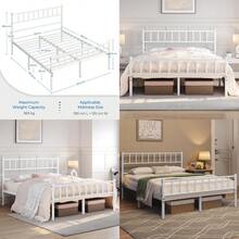 Double Metal Bed Frame 4ft6 Modern Style Bed With Headboard And Footboard Solid Slatted Bed Base White - White - View 1