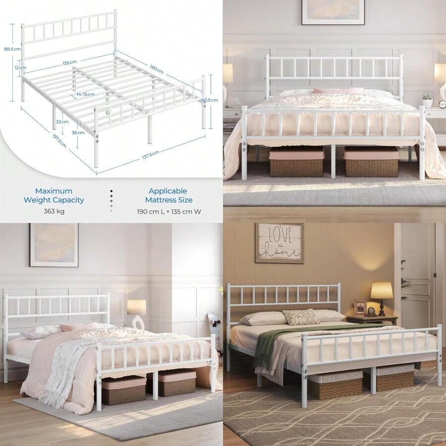 Double Metal Bed Frame 4ft6 Modern Style Bed With Headboard And Footboard Solid Slatted Bed Base White - White - View 1