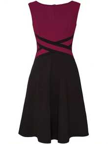 Vestido de verano elegante de línea A con bloqueo de color y cremallera sin mangas para mujer - Burdeos - Ver 3