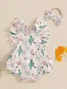 0-18 Months Baby Girl Romper Cactus Flower Cow Pattern Ruffled Flying Sleeve Newborn Jumpsuit Perfect For Summer - 杏色 - 查看 1