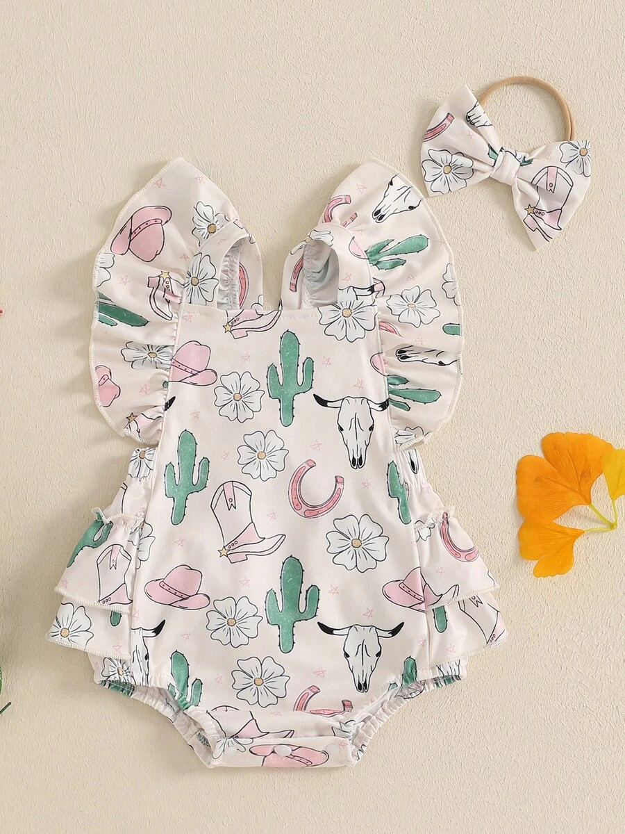 0-18 Months Baby Girl Romper Cactus Flower Cow Pattern Ruffled Flying Sleeve Newborn Jumpsuit Perfect For Summer - 杏色 - 查看 1