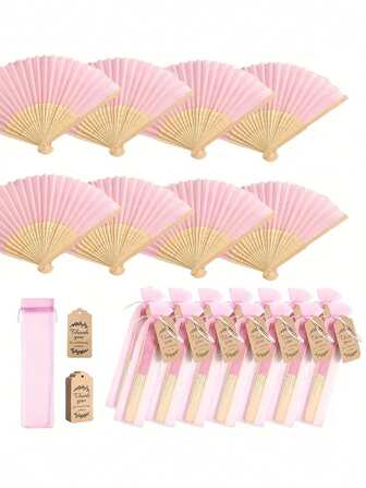 15pcs/Set Wooden Folding Fan With Gift Bag & Thank You Card (5pcs Thank You Cards, 5pcs Handheld Folding Fans, 5pcs Gift Bags), Single Party Bridal Shower Decorations, Bridesmaid Bamboo Handheld Folding Fan, Single Party Photo Props, Bridesmaid Gifts And Wedding Decorations, Wedding Gift, Suitable For Gatherings And Events, Summer Accessories, Ladies Folding Fan