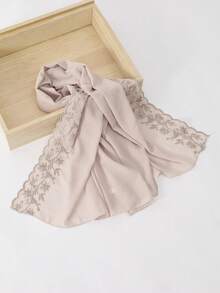 1 pieza Bufanda de mujer de unicolor con bordado de hojas de encaje y perlas falsas de gasa, elegante chal de moda malasia e indonesia para vestido - multicolor - Ver 6