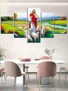 1/5件套，带框装饰艺术风格帆布画，经典宗教艺术，上帝引领羊群，耶稣牧羊，耶稣放羊，含赠品，适合客厅、卧室和酒吧墙面装饰