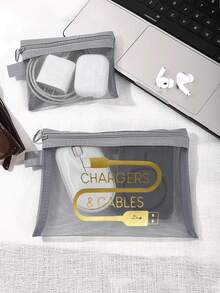 Mesh Cosmetic Bag With Data Cable Pattern, Red Air Cushion Storage Portable Storage Bag, Makeup Bag, Skincare Bag, Travel Essentials, Dormitory Supplies, Wedding Bride Gifts, Mother Gifts, Birthday Gifts, Gifts For Friends And Teachers, Bathroom Storage, Jewelry Storage, Lip Oil And Cosmetics Storage Bag