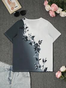 Camiseta de verano con cuello en V, manga corta, decoración de botones y estampado, de estilo casual y formal para mujeres - Gris - Ver 2