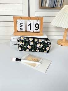 1 Korean Ins Style Daisy Canvas Pattern Large Capacity Pencil Case,Back To School,School Supplies,Pencil Pouch,School Bag - Multicolor - View 5