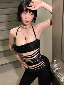 Camiseta de tirantes de verano para mujer, de unicolor, con flor 3D, sin mangas, con recorte, bandaje y espalda descubierta, ajuste ceñido - Negro - Ver 4