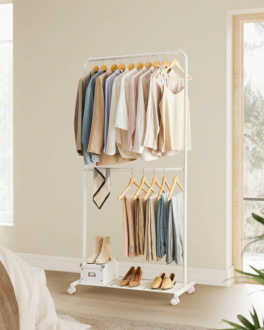 Perchero Burro, Burro de Ropa con 2 Barras, Marco de Metal, Barra Colgante de 91 cm de Ancho, con Estante, 2 Ruedas Bloqueables, Cada Barra Soporta hasta 20 kg, Blanco - Weiss - Übersicht 1