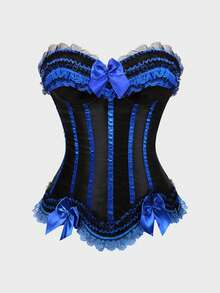 Corsets For Women Lace Trim Lingerie Tops Bow Lace Up Corsets Bustier Lingerie Bodyshaper Top - 深藍色 - 查看 1