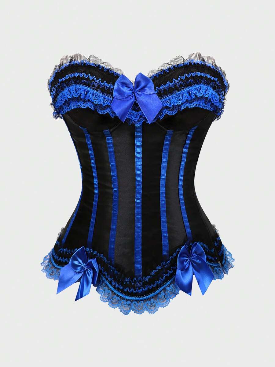 Corsets For Women Lace Trim Lingerie Tops Bow Lace Up Corsets Bustier Lingerie Bodyshaper Top - 深藍色 - 查看 1