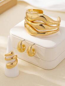 4件套简约时尚金色花卉几何水滴线条手链、戒指、耳环首饰套装，适合女性，厚实光滑的金属和锌合金材质。 - 銀色的 - 查看 8