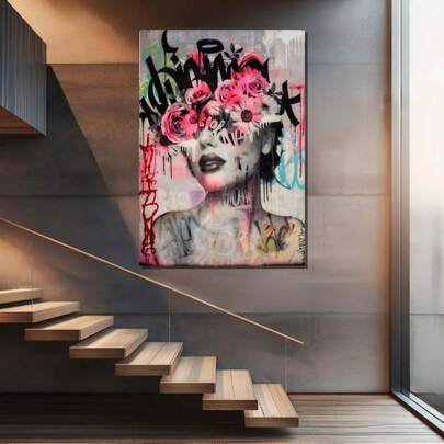 1 Stück Graffiti Blumen Frau Kunst moderne Graffiti Wandkunst Leinwandmalerei Heimdekoration Raumdekoration Wandkunst wahlweise mit Rahmen