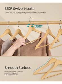 Wooden Hangers, Pack Of 20, Pack Of 30, Coat Hangers, Pants Bar, 360° Swivel Hooks, Solid Birch Wood, For Jackets, Shirts, Coats, Natural Beige