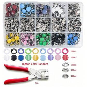 EDCUEBE7 800pcs Colorful Metal Snap Fastener Kit. Colorful Hollow & Solid Metal Snap Buttons With Plastic Or Iron Snap Pliers Tool. For Sewing And Handicraft Projects, Pants, Bibs, Hats, Shoes, Umbrellas, Garment Button Making, Beginner Installation Tutorial (Snap Button Color Random), Suitable For Holiday Gifts
