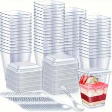10/20/25/50/100pcs 5oz/150ml Square Dessert Cups With Lids - Transparent Party Cups For Outdoor Use, Suitable For Yogurt, Ice Cream, Cheesecake And Mini Desserts - Birthday, Wedding, Holiday (Christmas, Eid) And Celebration Dessert Trays | Party Dessert Display - Transparent - View 2