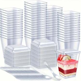 10/20/25/50/100pcs 5oz/150ml Square Dessert Cups With Lids - Transparent Party Cups For Outdoor Use, Suitable For Yogurt, Ice Cream, Cheesecake And Mini Desserts - Birthday, Wedding, Holiday (Christmas, Eid) And Celebration Dessert Trays | Party Dessert Display