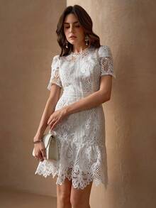 优雅可爱的荷叶边小圆领袖女式奢华迷你连衣裙 - 白色 - 查看 7