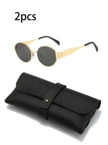 2pcs Oval Eyeglasses, Vintage Metal Frame Street Style UV Protection