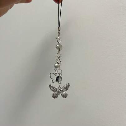 Accesorio de cadena con cuentas de metal de mariposa en plata y negro, diseño original con estilo Y2K, apto para bolsas, teléfonos, llaveros, collares