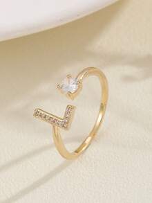 优雅奢华金色字母 A-Z CZ 戒指，人造锆石可调节女士派对/约会礼物 - 金色 - 查看 8