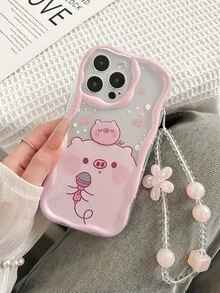 奶油纹理波浪边亮面粉色可爱小猪彩绘防震手机壳，配有手工串珠手链配件，兼容 16/11/16pro/16plus/16promax/16e/15Promax/13/14/12/XS/XR/7G/8P，兼容三星 Galaxy S25/S25PLUS 防水防摔防刮 - 彩色 - 查看 6