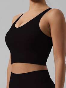 NcmRyu A Sports Bra Tank Top Solid Color Backless Wire Free Removable Padding High Elasticity Suitable For Yoga And Running  Sleek V Neck Sports Tank Top For Women Slimming Sleeveless Workout Running Crop Top With Removable Pads High Stretch Perfect For Spring Summer - Black - View 3