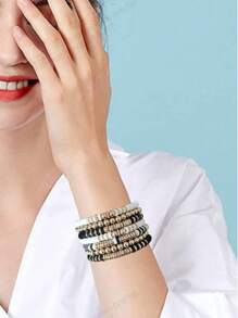 Pulseiras de sete peças de contas de argila para mulheres, estilo boêmio, empilhável, com disco de vinil, contas elásticas, camadas elásticas, pulseiras da amizade, joias boho