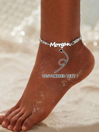 Customized Text Anklet, Boho Beach Jewelry, Stainless Steel Figaro Chain Anklet For Women, Beach Ankle Bracelet, Mother's Day, Valentine's Day, Thanksgiving, Birthday, Anniversary, Best Gift