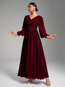 SUPGIR V-Neck Pleated Waistline Pearl Trim Lantern Sleeve Maxi Chiffon Party Dress - Burgundy - View 7