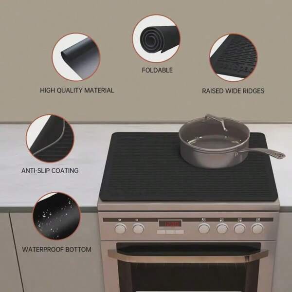 Silicone Stove Top Cover Mat- 28 "X20" Ceramic Stove Top Cover, Heat Resistant Glass Stove Cover, Flat RV Stove Protective Film, Oversized Silicone Dish Drying Mat-Black/Gray